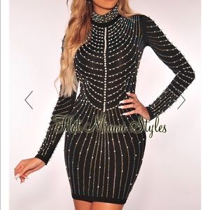 Rhinestone black turtleneck long sleeve dress